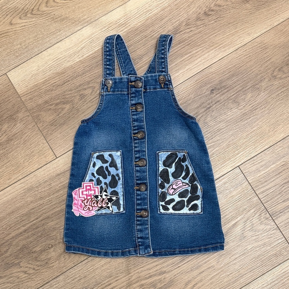 Toddler Girls Upcycled Western Denim Overall Dress Size 3T